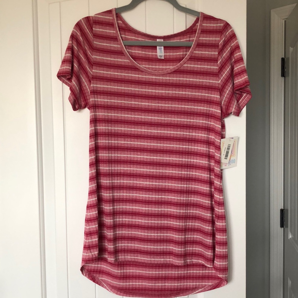 LuLaRoe Top Women's Size Medium Pink White Striped Short Sleeve Classic Tee NWT